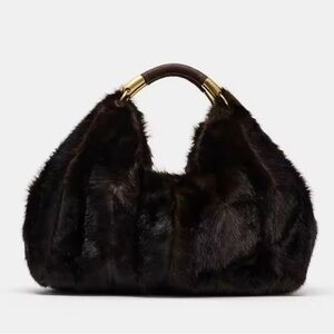 NEW $185 Luxurious Faux Mink Fur Viral Hobo Bag - Black